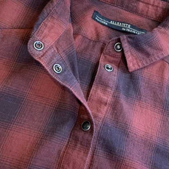 AllSaints Women's Size 4 Red Black Snap Cross Body Layer Flannel Long Sleeve Top - Picture 4 of 8